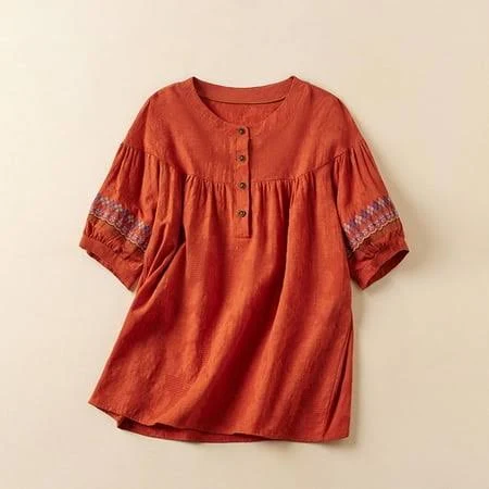Women's Embroidered Peasant Linen Cotton Blend Blouse