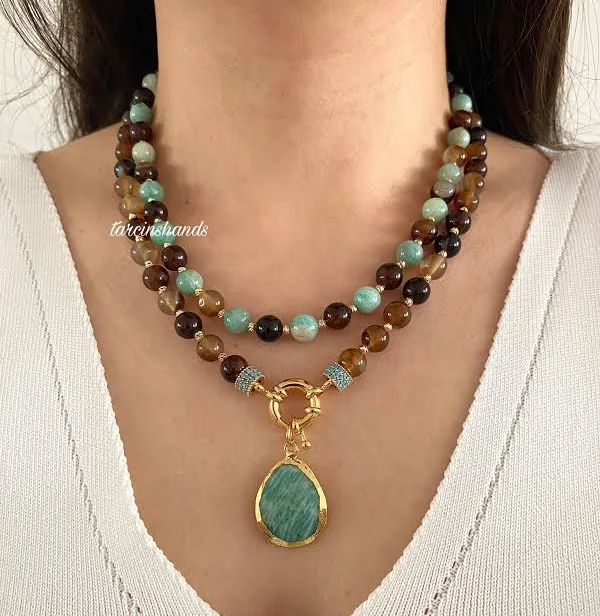Amazonite and Moss Agate Boho Necklace