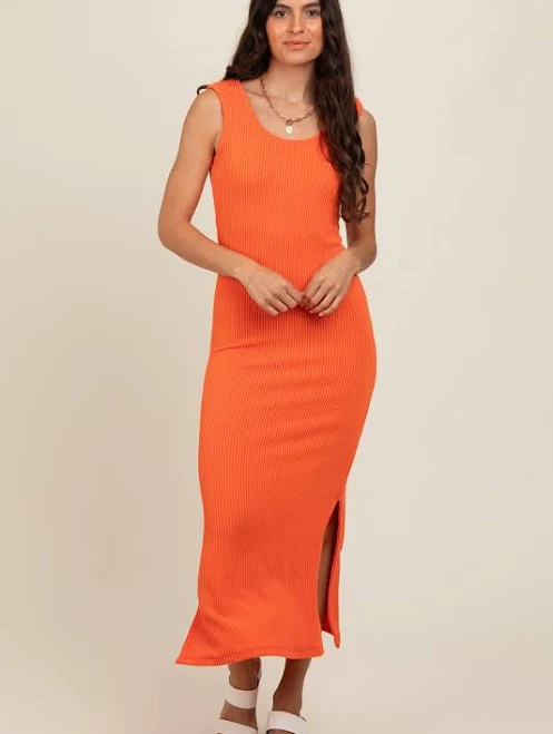 Orange Ribbed Side Slit Maxi Dress