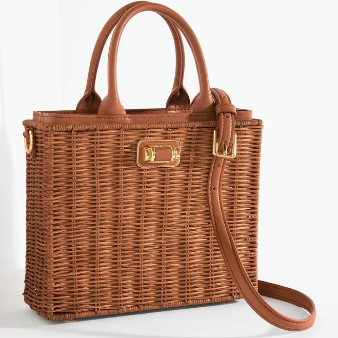 Talbots Women's Wicker Leather Trim Top Handle Tote