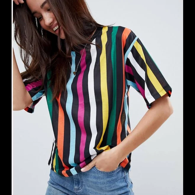 Asos Tops | 2/$20 Asos Multicolored Rainbow Striped Boxy Tee | Color: Black | Size: S | Staticesd's Closet