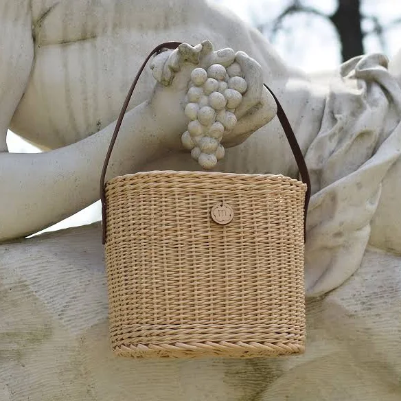 Modern Handmade Straw Bucket Basket with Leather Strap