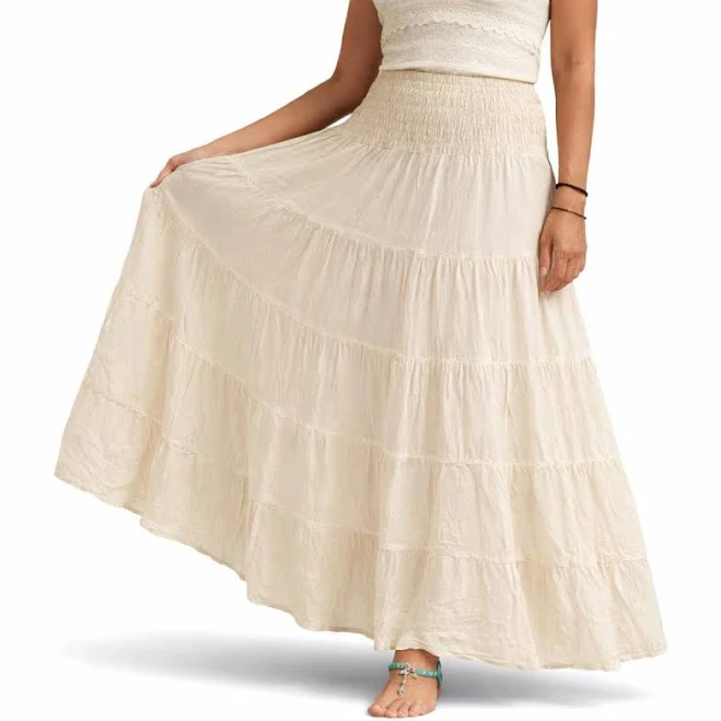 Long Boho Flared Tiered Cotton Maxi Skirt