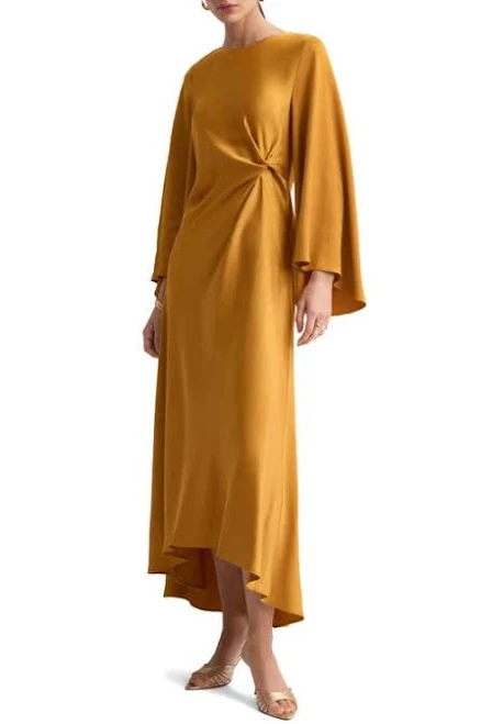 MANGO Twist Flutter Sleeve Satin Dress