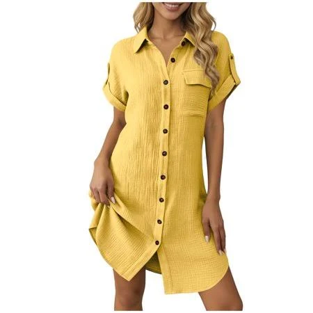 Women's Rolled Short Sleeve Button Down Dress