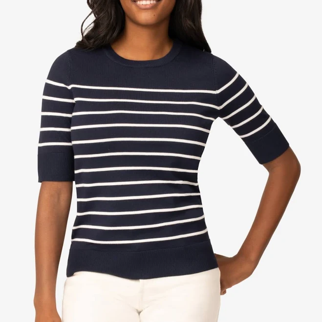 Melissa Paige Women's Striped Crew-Neck Elbow-Sleeve Sweater - Navy Blue Snow White - Size XL