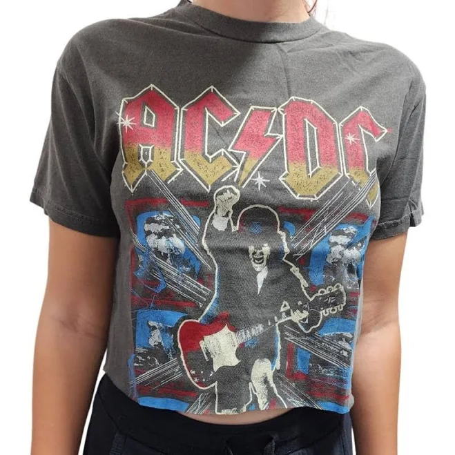 S/m Forever 21 Acdc Charcoal Gray Crop Graphic Band Tee Women Size