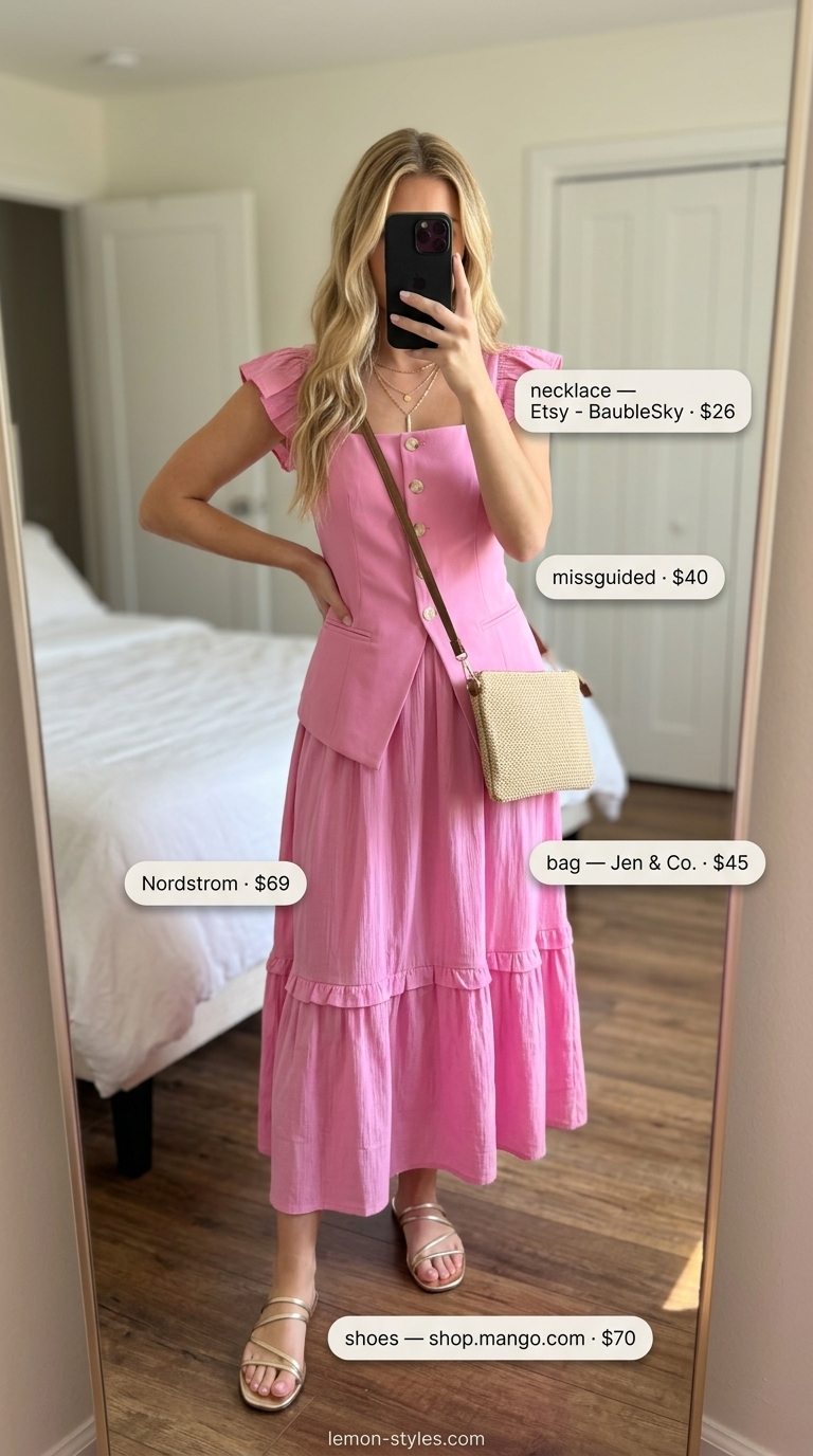 Blush pink tiered maxi dress for a sparkle summer birthday outfit for women 2026. Romantic resort evening look.