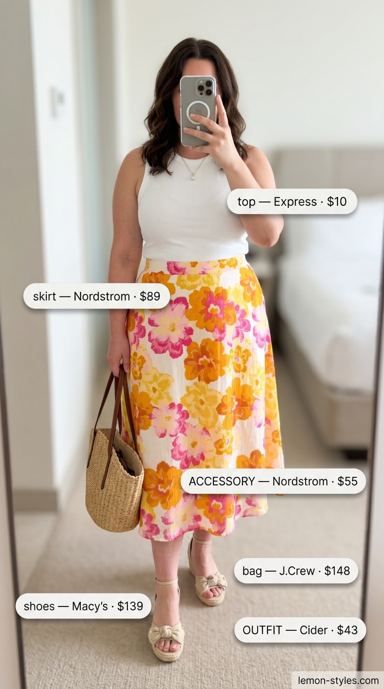 Coral floral midi skirt for a sparkle summer birthday outfit for women 2026. Feminine garden party look.