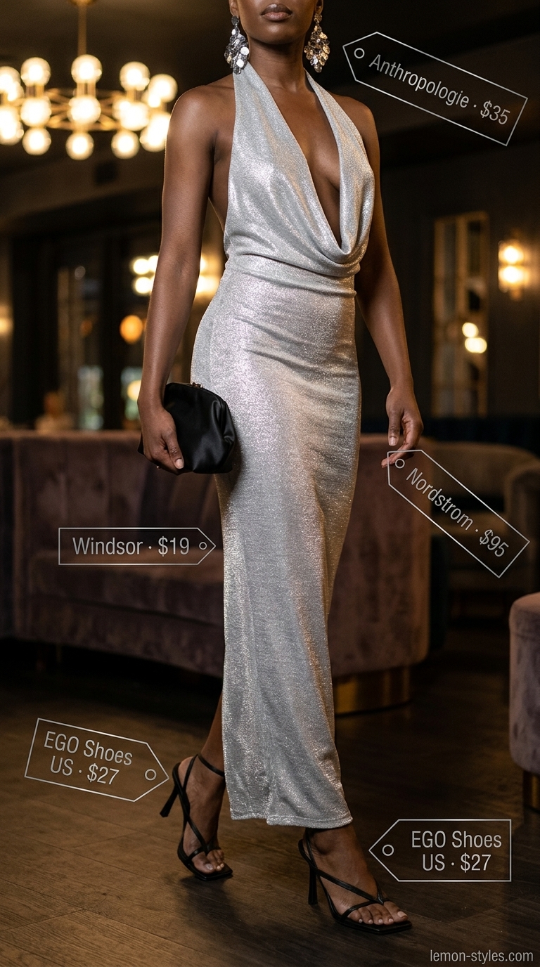 Silver metallic maxi dress for a sparkle summer birthday outfit for women 2026. Glamorous evening gala look.