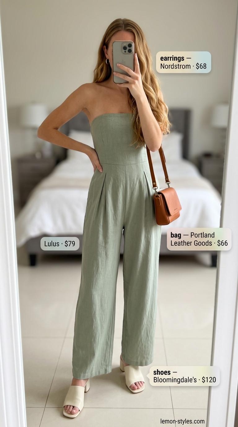 Sage green utility jumpsuit for a sparkle summer birthday outfit for women 2026. Relaxed daytime event look.