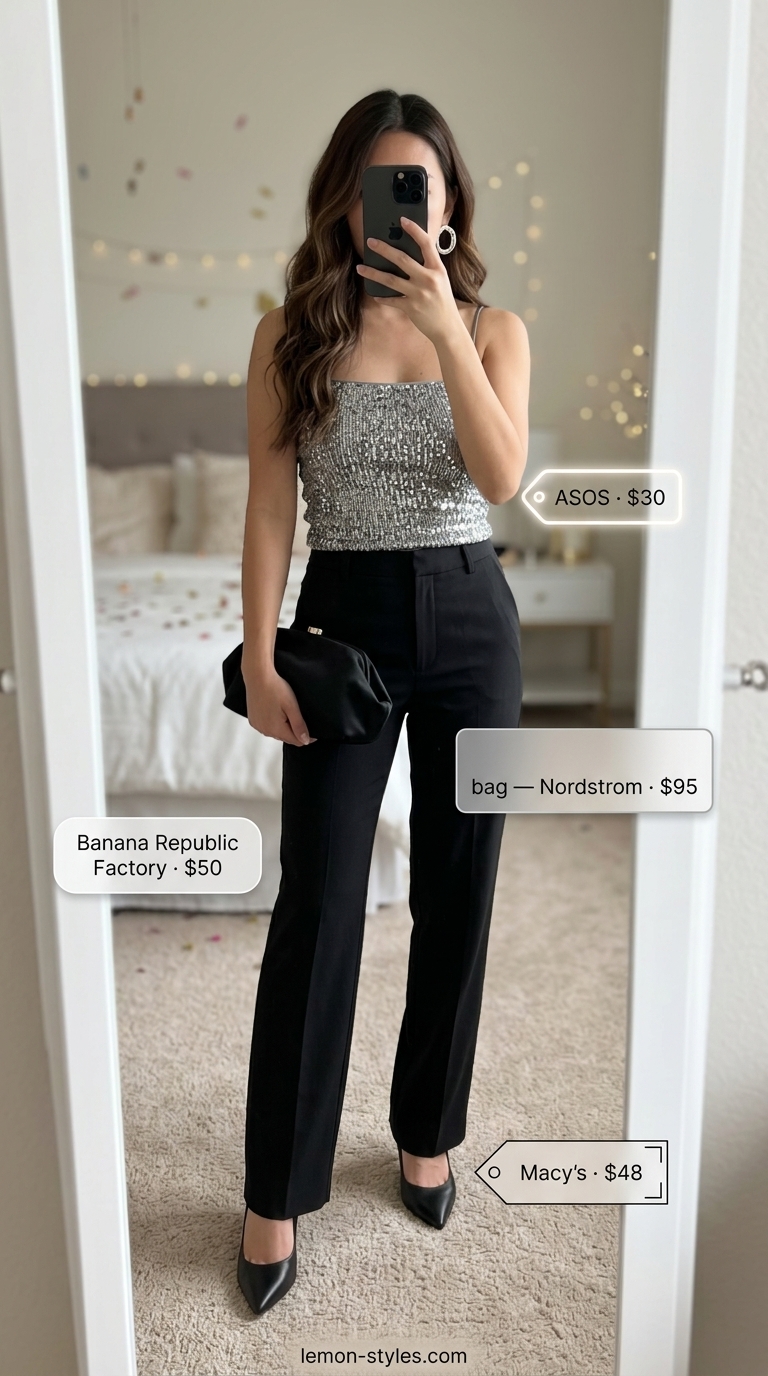Silver sequin top for a sparkle summer birthday outfit for women 2026. Bold cocktail party look.