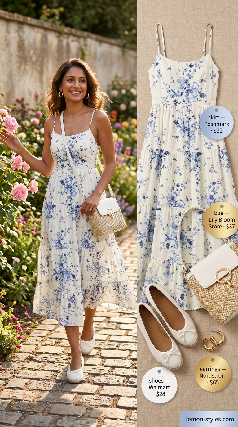 Yellow floral midi sundress for a sparkle summer birthday outfit for women 2026. Joyful garden party look.