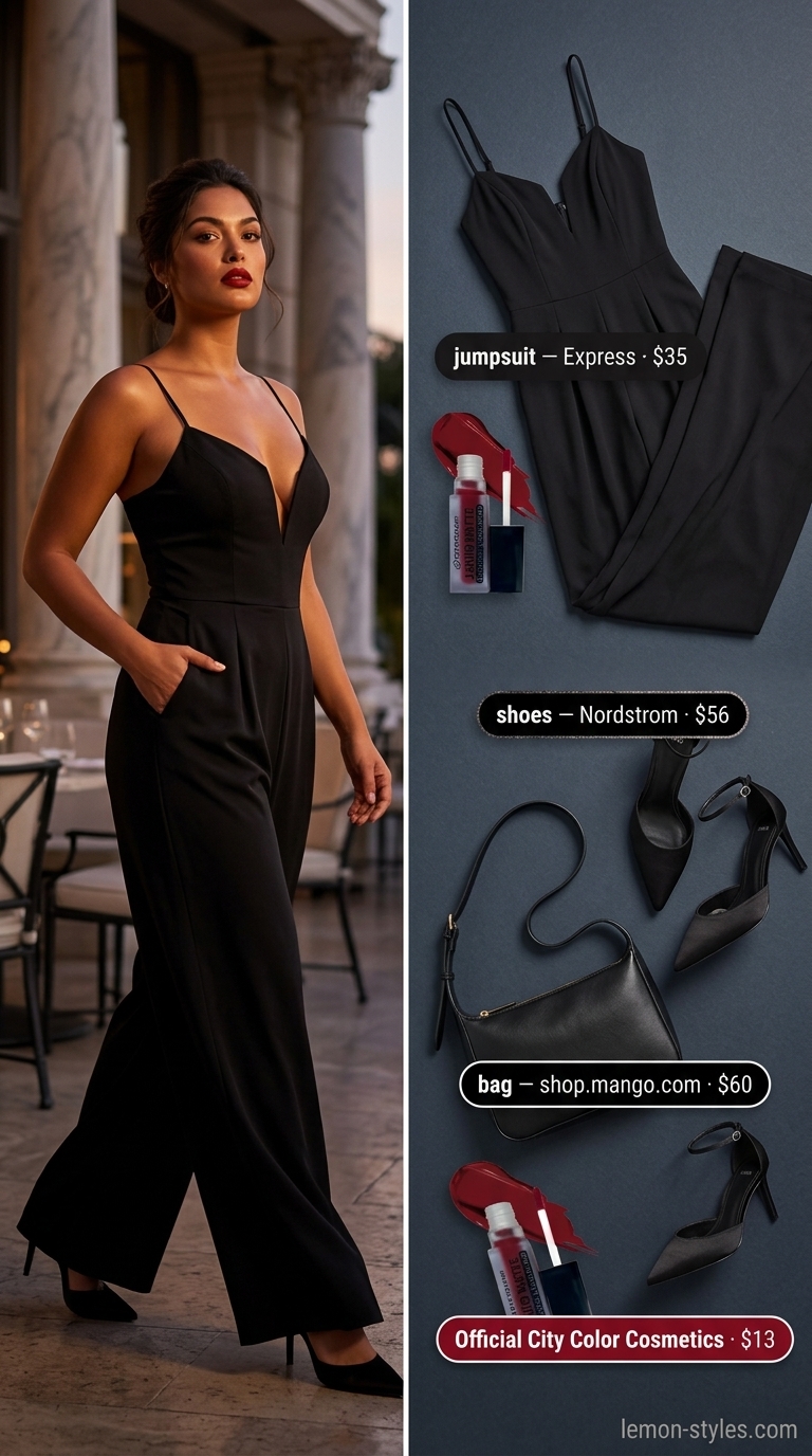 Black wide-leg jumpsuit, red lipstick: a sparkle summer birthday outfit for women 2026. Chic for city nights.