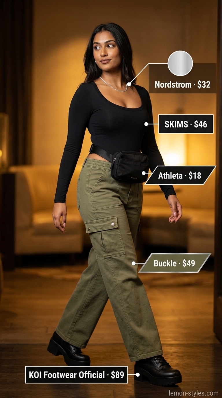 Sparkle summer birthday outfit for women 2026: Olive green cargo pants with black bodysuit and combat boots.
