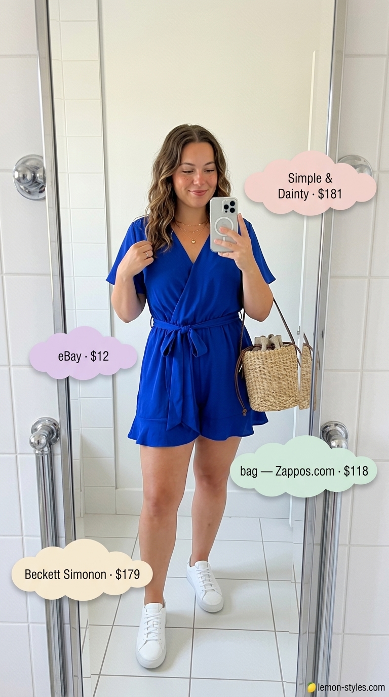 Cobalt blue romper, white sneakers: a sparkle summer birthday outfit for women 2026. Playful for festivals.