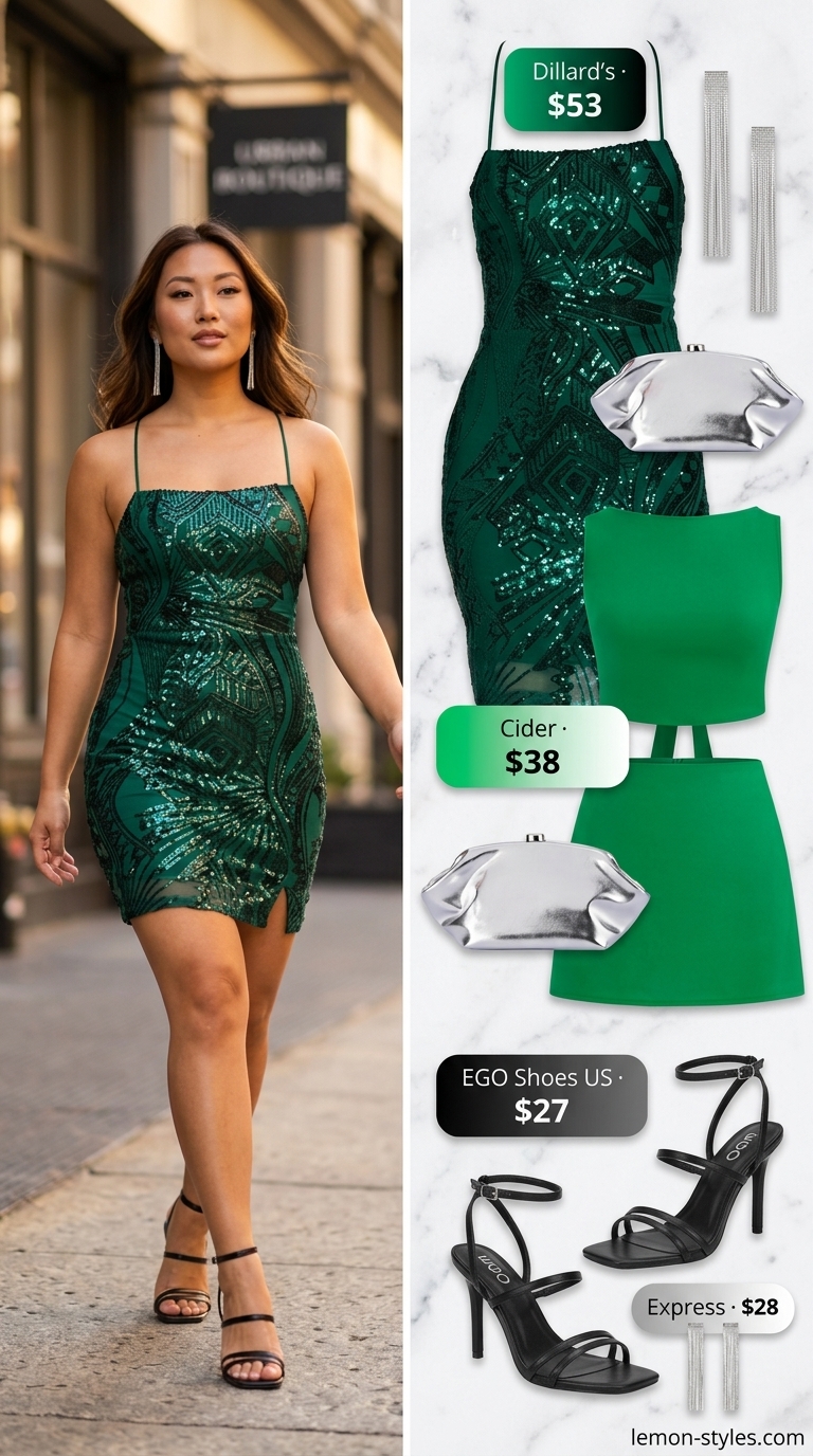 Emerald green sequin mini dress: a sparkle summer birthday outfit for women 2026. Glamorous for night outs.