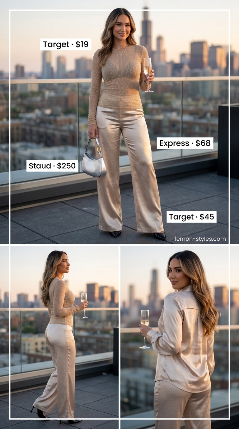 Champagne glitter mesh top, black trousers: a sparkle summer birthday outfit for women 2026. Chic for cocktail parties.