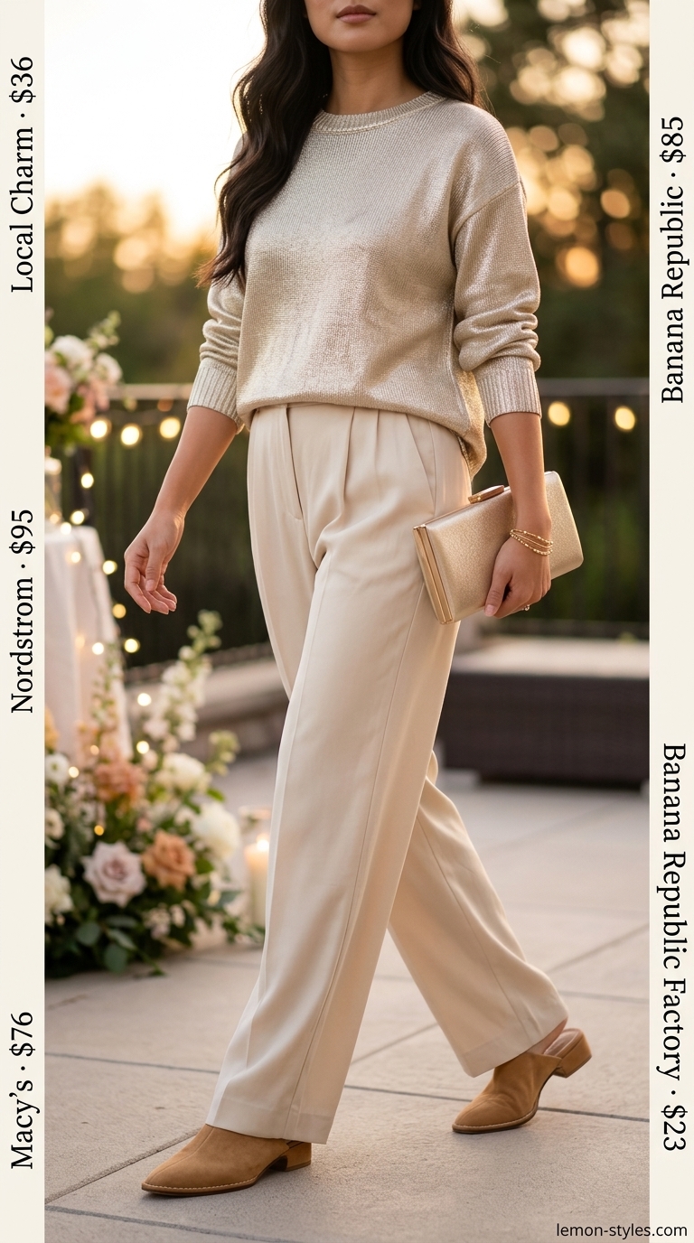 Sparkle summer birthday outfit for women 2026: Gold metallic sweater with cream wide-leg trousers and tan mules.