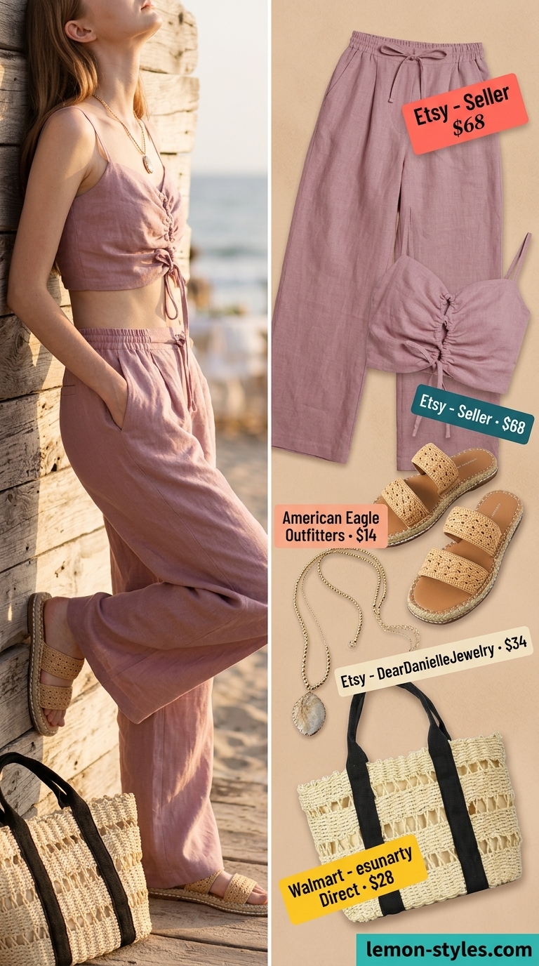 Sparkle summer birthday outfit for women 2026: Coral linen set with layered gold necklaces and espadrilles.