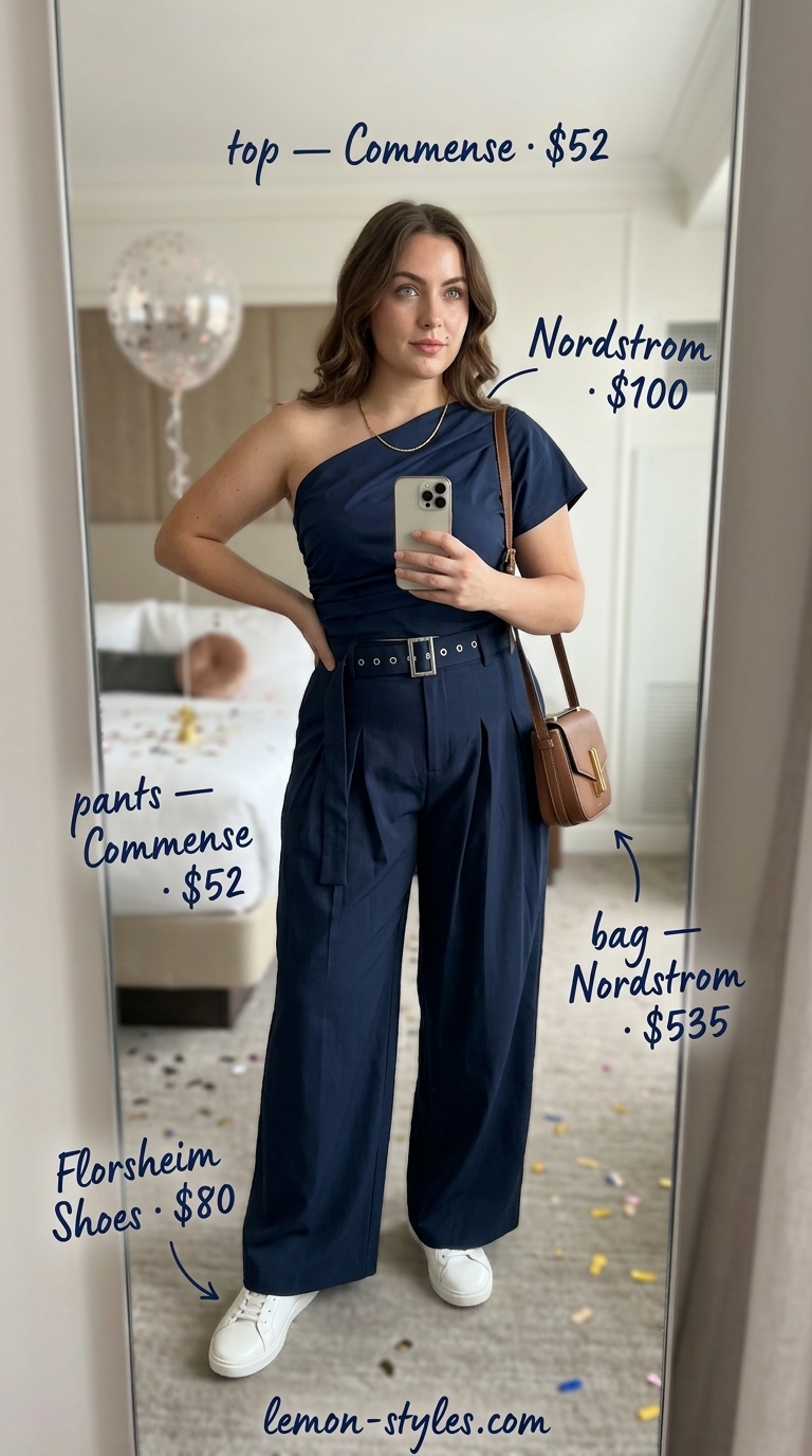 Sparkle summer birthday outfit for women 2026: Navy linen shorts set with white sneakers and gold necklace.