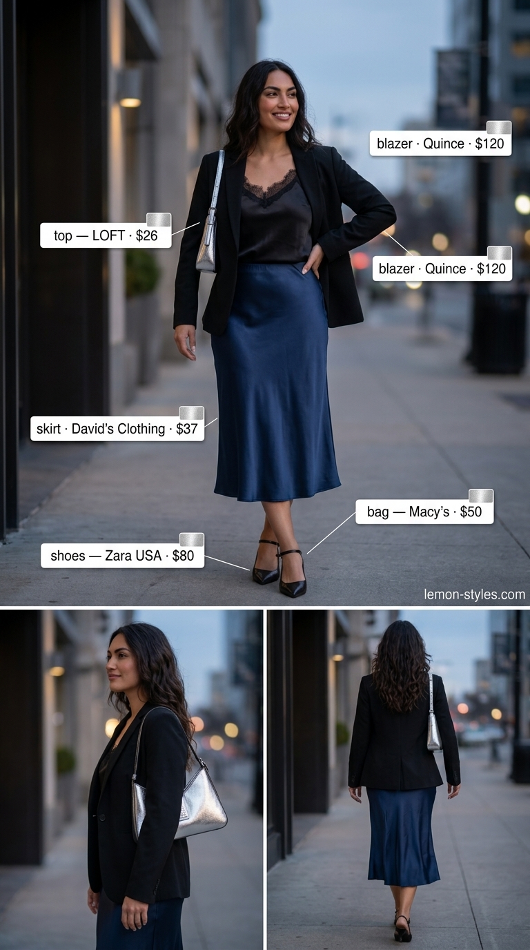 Navy slip skirt, black camisole, and blazer: a sparkle summer birthday outfit for women 2026. Sophisticated for dinner.