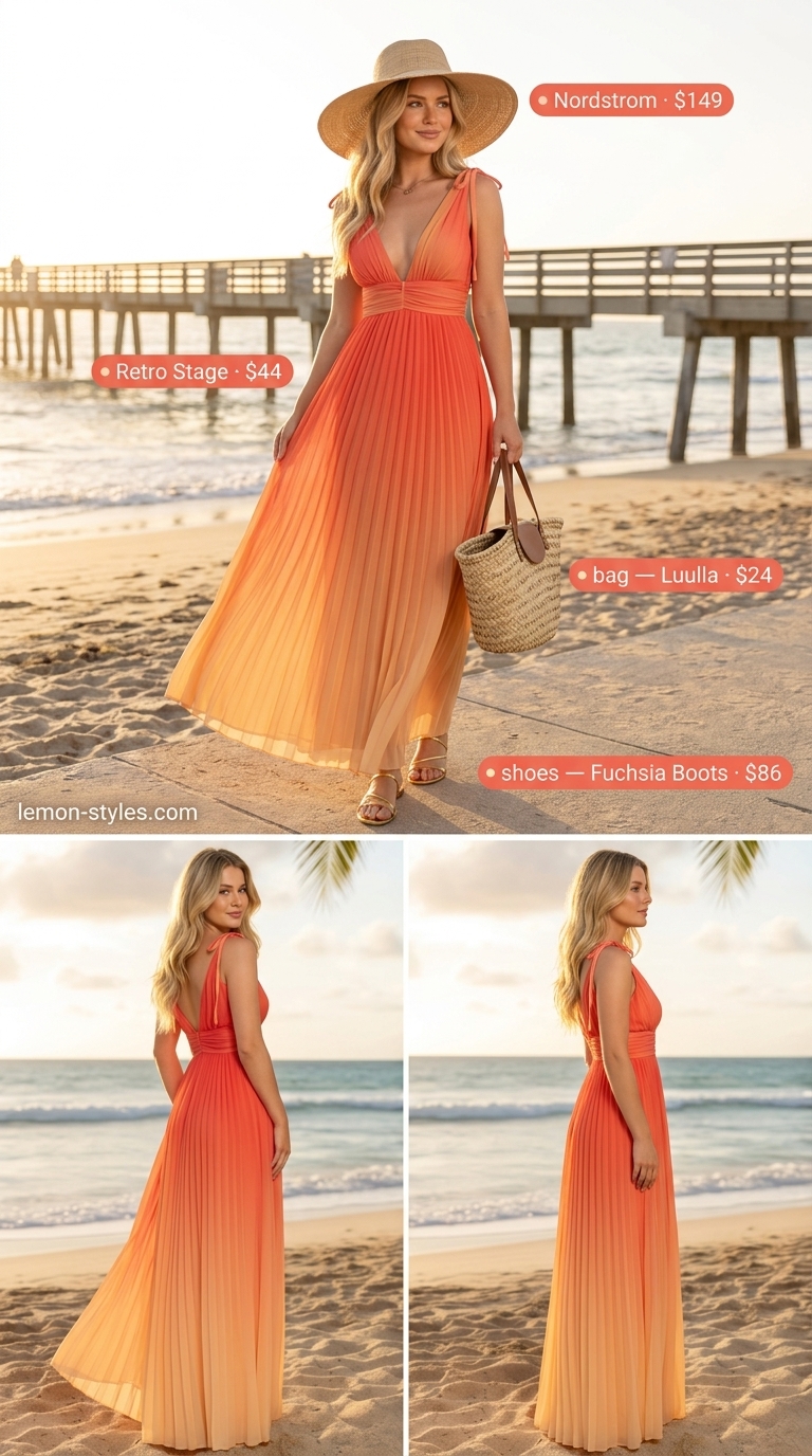 Coral to gold ombre maxi dress: a sparkle summer birthday outfit for women 2026. Ethereal for beach parties.
