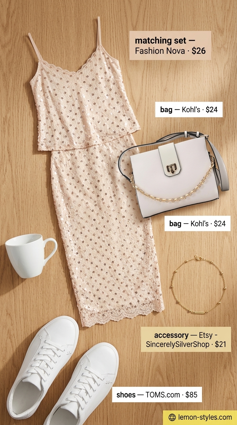 Rose gold sequin skirt and cream tank: a sparkle summer birthday outfit for women 2026. Chic for brunch or drinks.