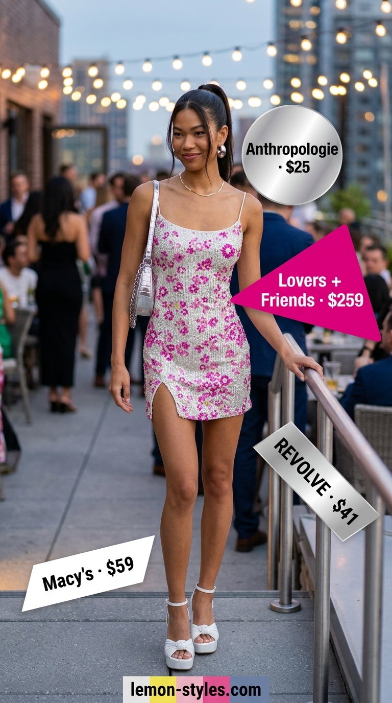 Sparkle summer birthday outfit for women 2026: Silver sequin mini dress with white platform sandals.
