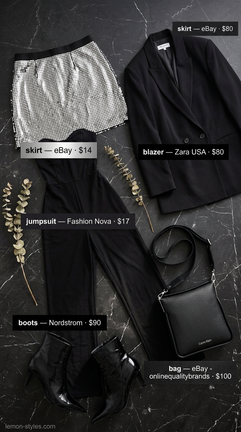 Silver sequin mini skirt, black bodysuit, blazer: a sparkle summer birthday outfit for women 2026. Edgy for clubbing.