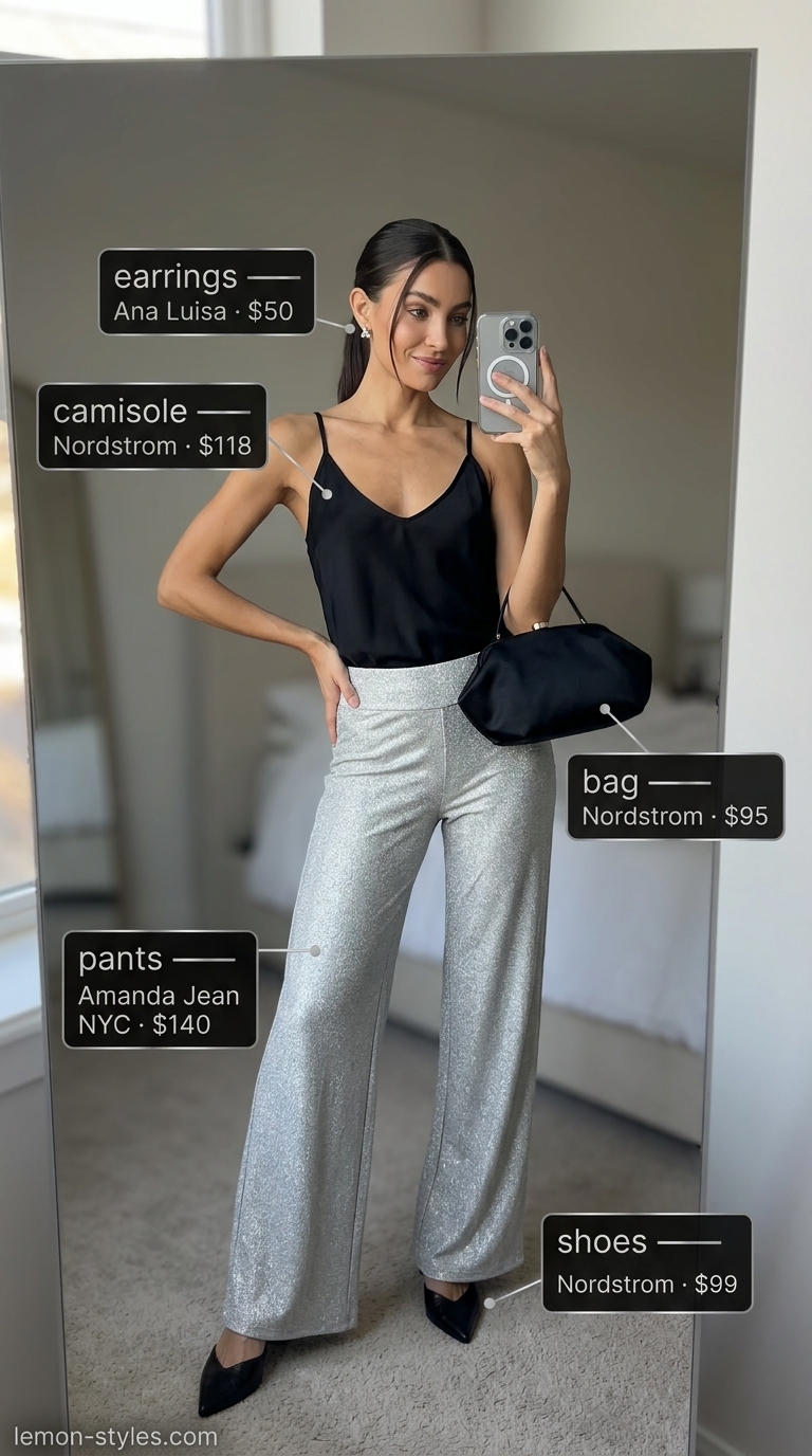 Sparkle summer birthday outfit for women 2026: Silver metallic trousers with black camisole and mules.