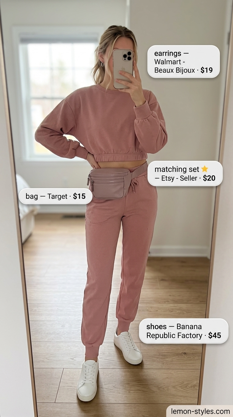 Sporty summer outfits with sneakers for women 2026: Dusty rose athleisure set with white sneakers and a sporty belt bag.