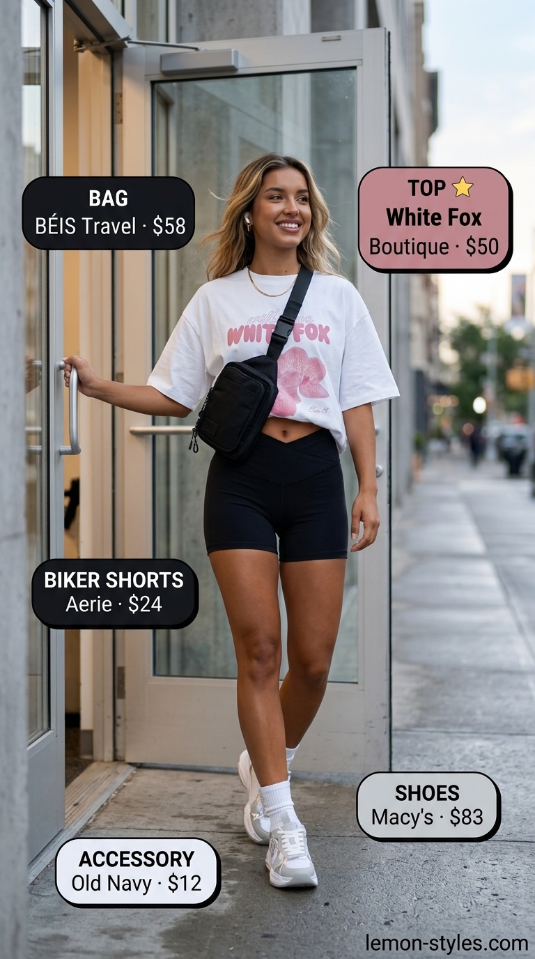 Sporty summer outfits with sneakers for women 2026: Biker shorts, oversized graphic tee, and chunky sneakers for an active look.