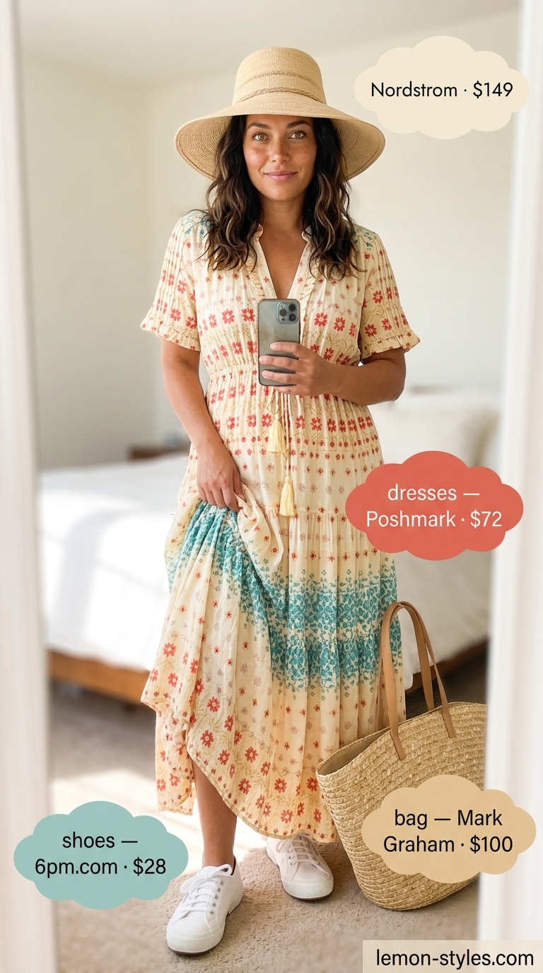 Sporty summer outfits with sneakers for women 2026: Teal maxi dress, white sneakers, and straw hat for a boho beach vibe.