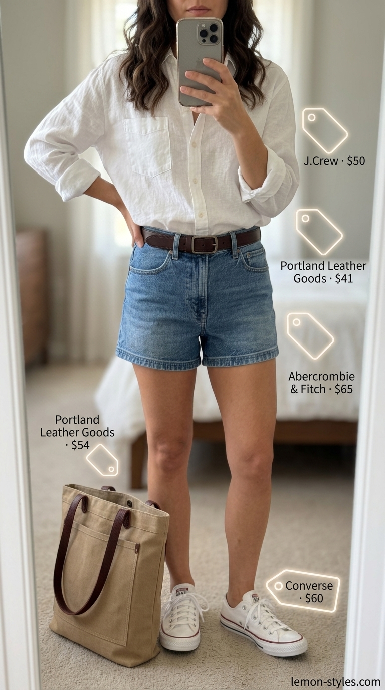Sporty summer outfits with sneakers for women 2026: Denim shorts, oversized shirt, and white sneakers for a classic casual look.