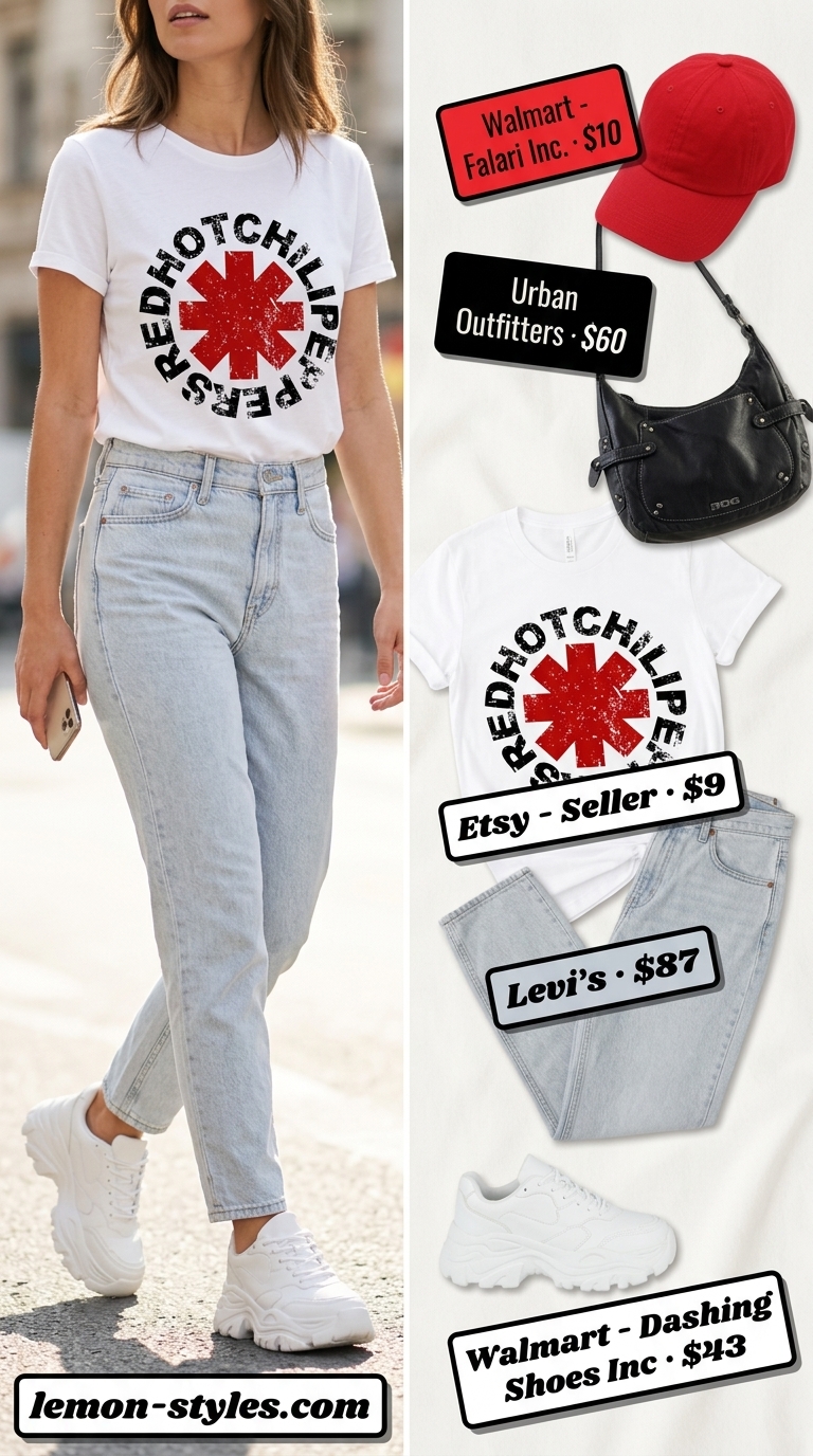 Sporty summer outfits with sneakers for women 2026: Mom jeans, graphic tee, and chunky sneakers for a retro casual vibe.