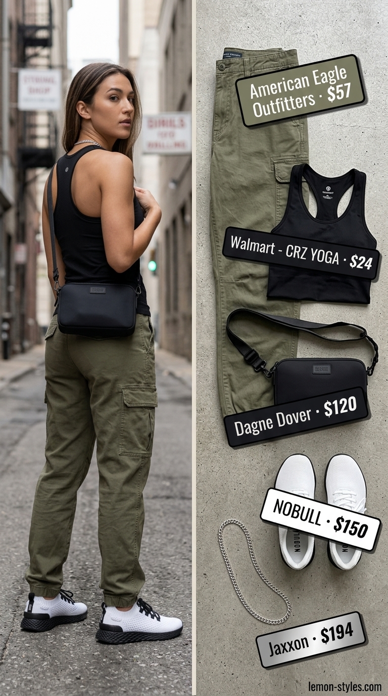Sporty summer outfits with sneakers for women 2026: Olive cargo pants, fitted tank, and sleek sneakers for urban exploration.
