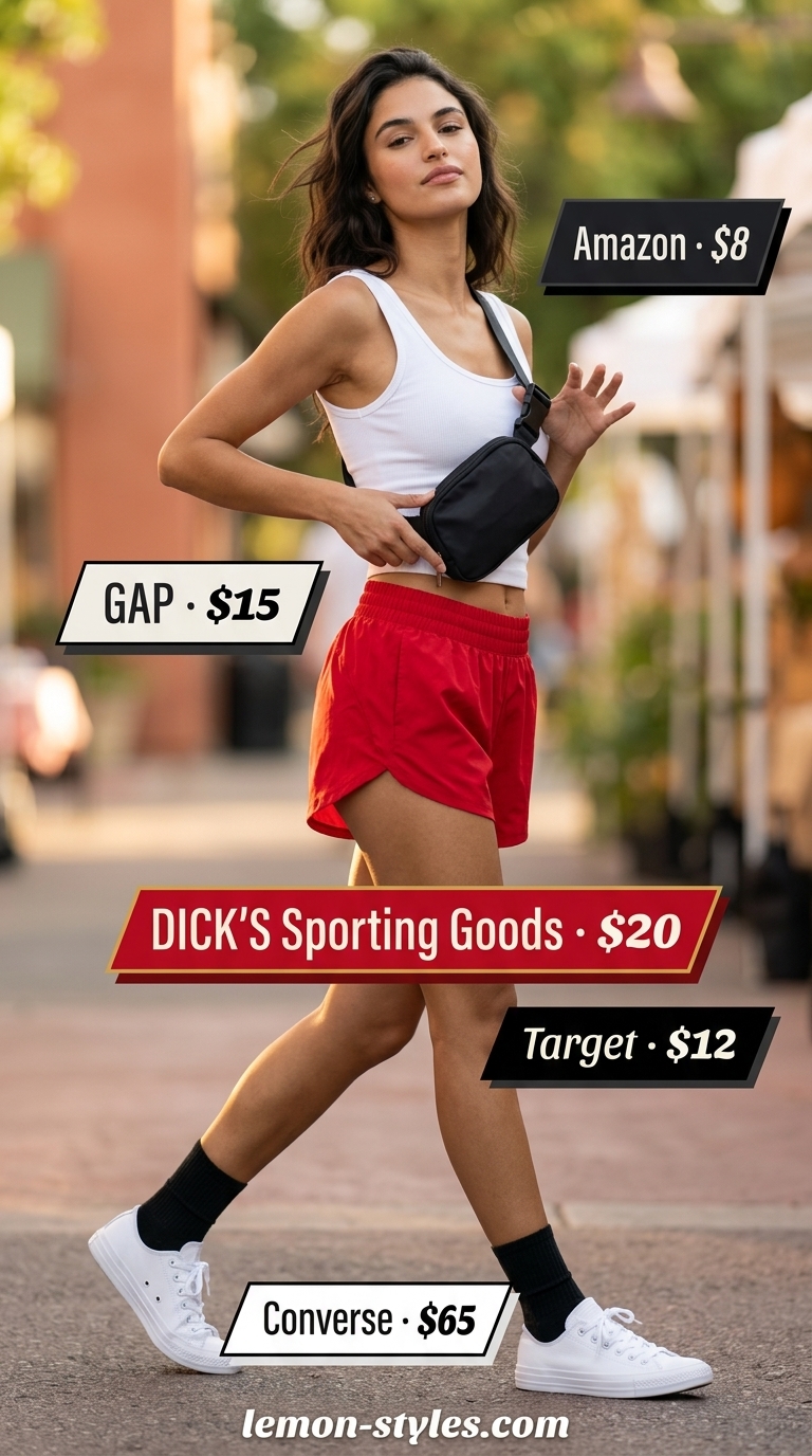 Sporty summer outfits with sneakers for women 2026: Red athletic shorts, white tank, and sneakers for a fun, energetic look.