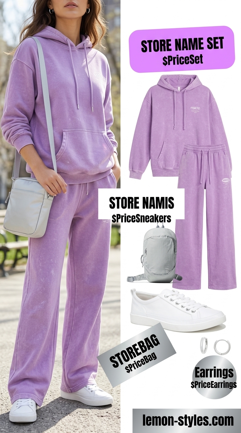 Sporty summer outfit: Lavender matching set, white sneakers, silver hoops for athleisure chic.