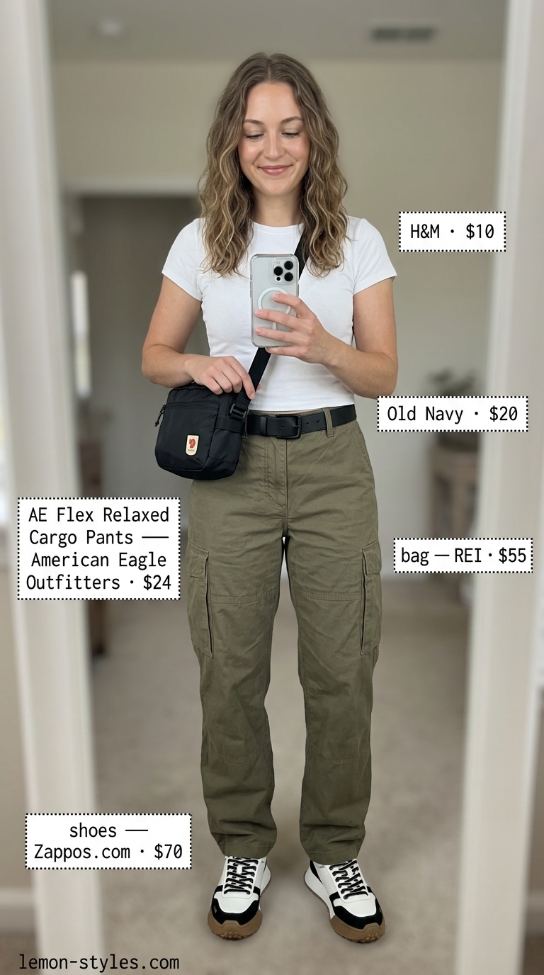 Sporty summer outfit: Khaki cargo pants, white tee, black sneakers for casual outings & errands.