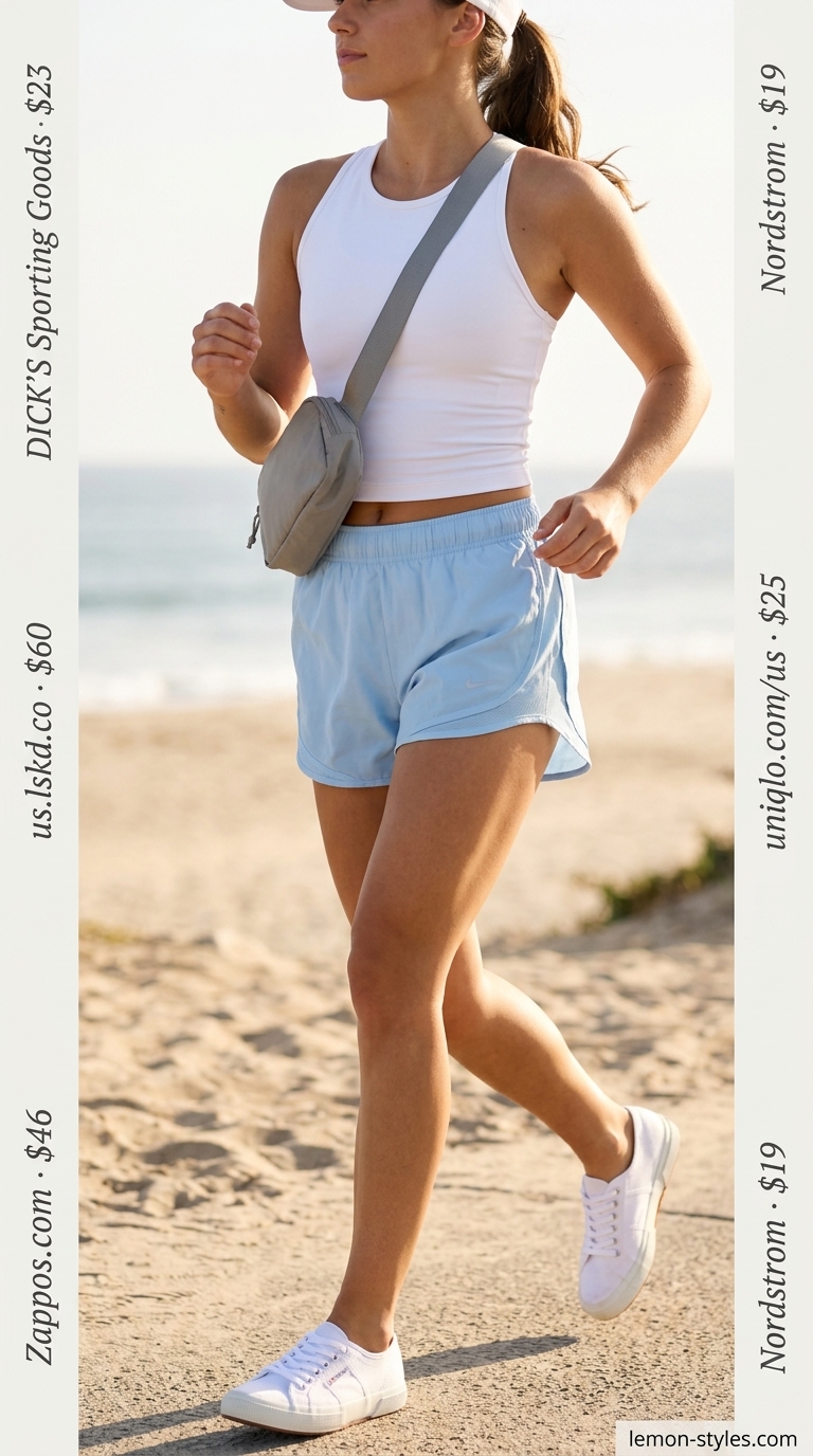 Sporty summer outfits with sneakers for women 2026: White tank, light blue shorts, white sneakers, and gray crossbody bag for a casual day out.