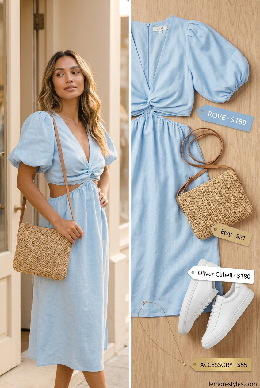 Sporty summer outfit: Sky blue linen midi dress, white sneakers, straw crossbody bag for a casual day out.