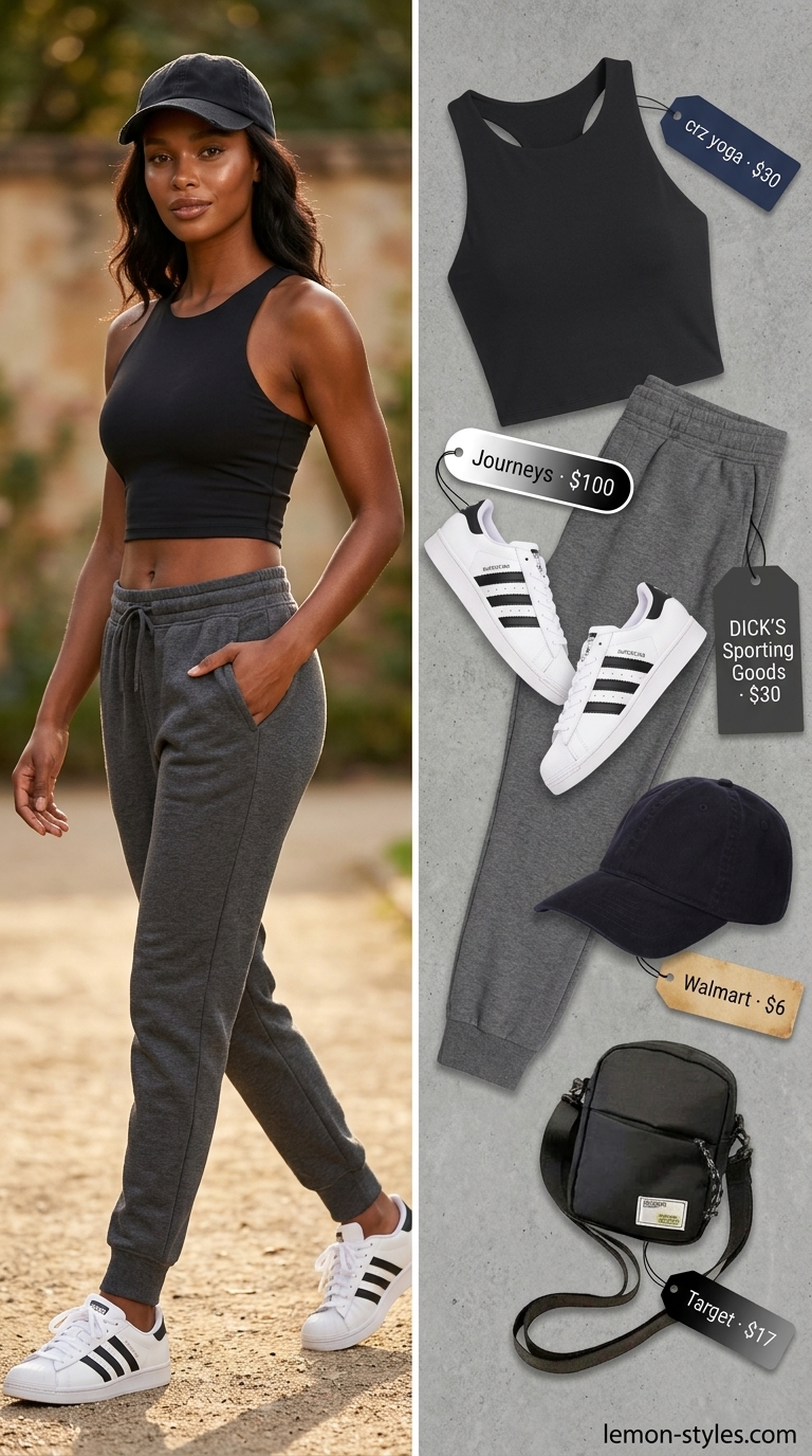 Sporty summer outfits with sneakers for women 2026: Black joggers, tank, cap, crossbody, and white fashion sneakers for a coffee run.