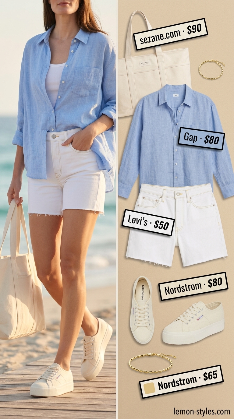 Sporty summer outfit: White denim shorts, oversized blue linen shirt, beige platform sneakers.
