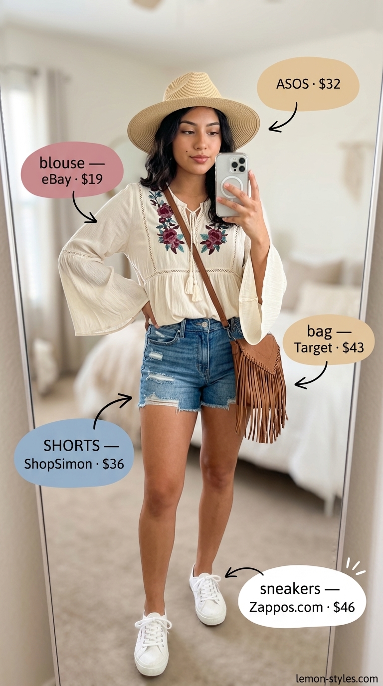 Sporty summer outfits with sneakers for women 2026: Denim shorts, embroidered blouse, canvas sneakers, and straw hat for a festival.