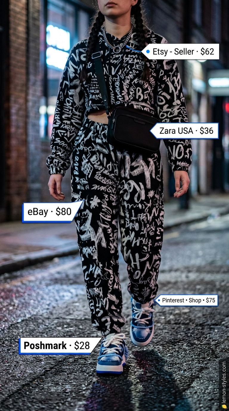 Sporty summer outfits with sneakers for women 2026: Graphic two-piece set, platform sneakers, and crossbody bag for a concert.