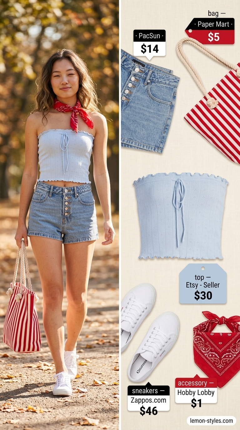 Sporty summer outfit: Denim shorts, graphic tee, red bandana, white sneakers for a park picnic.