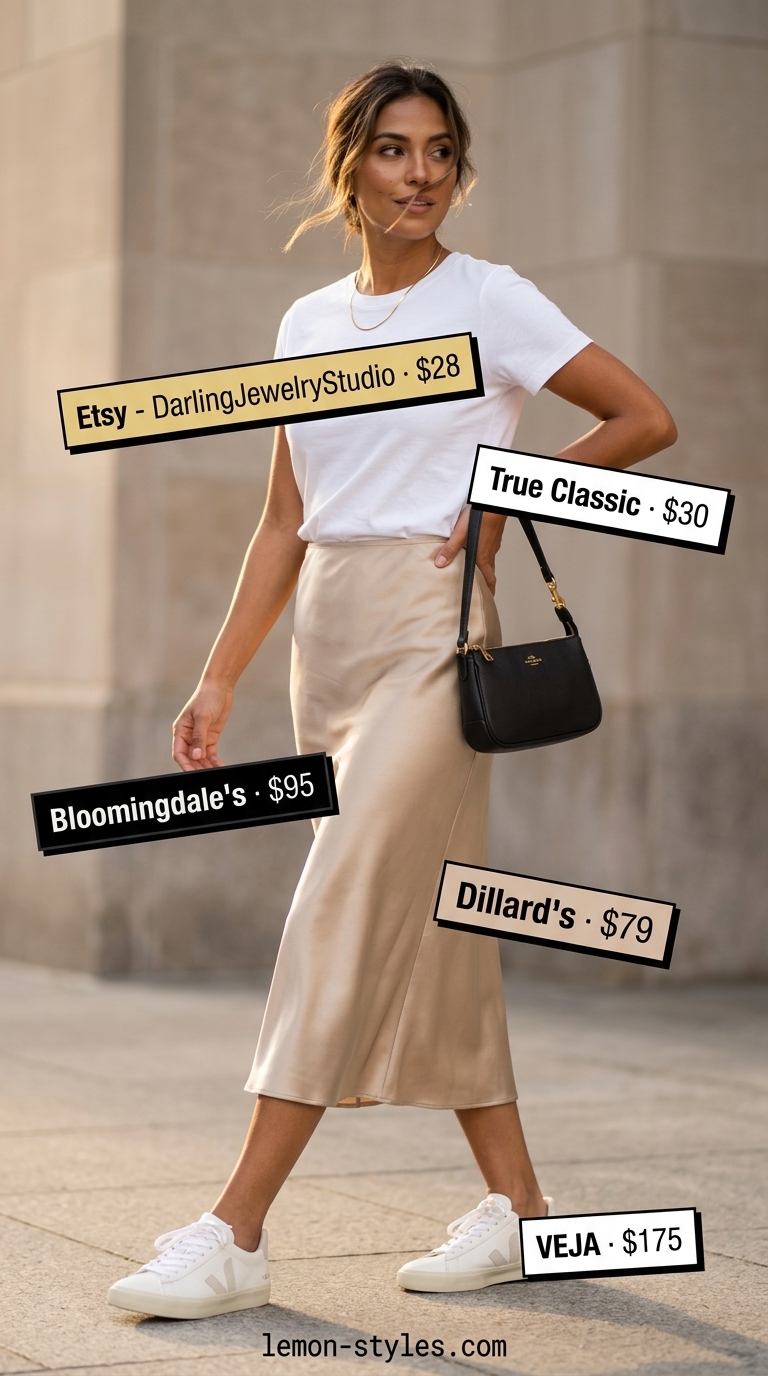 Sporty summer outfits with sneakers for women 2026: Champagne slip skirt, white tee, sneakers, and black shoulder bag.