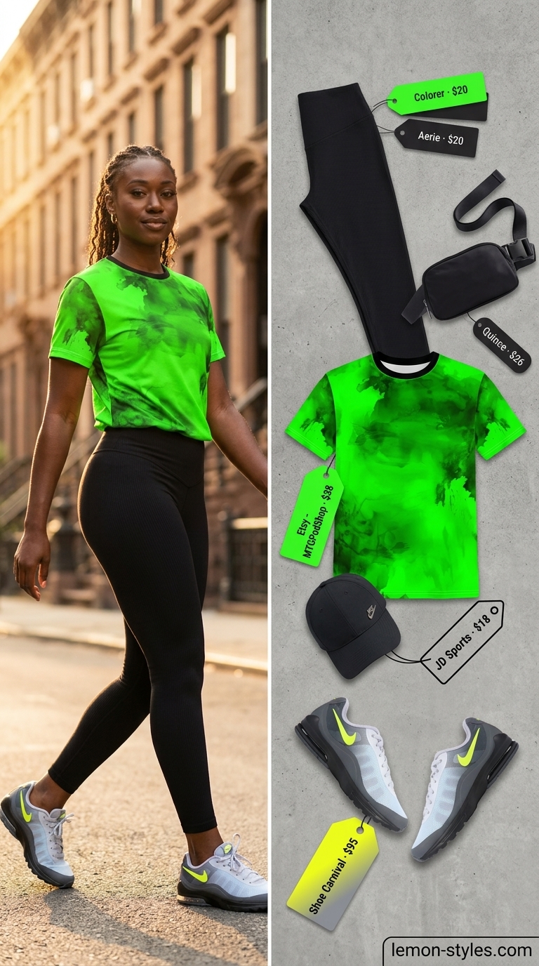 Sporty summer outfits with sneakers for women 2026: Oversized graphic tee, black leggings, neon sneakers, and belt bag for urban exploring.