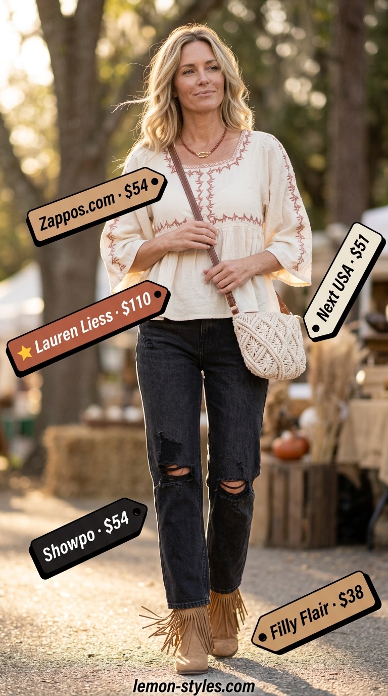 Boho Sunset: Straight Leg Jean Outfits Summer 2026 Boho summer look: Washed black straight leg jeans, embroidered peasant blouse, suede fringe boots. Straight leg jean outfits for women 2026.